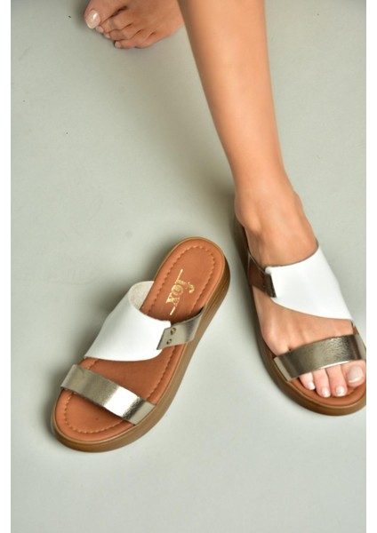 S291059703 Beyaz/platin Hakiki Deri Kalın Tabanlı Kadın Terlik fiyatları