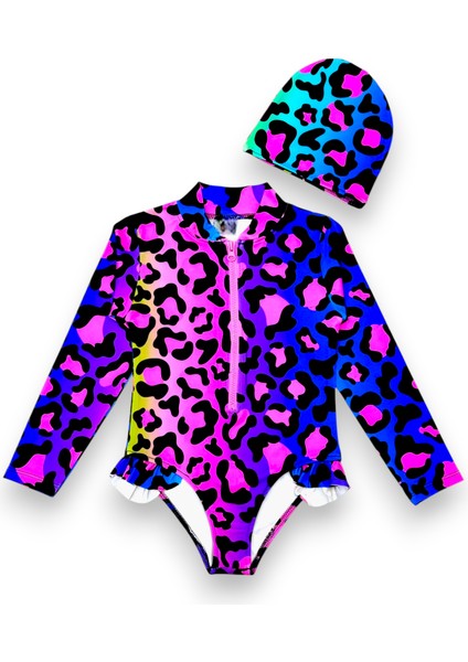 Kız Çocuk Ön Fermuar Detaylı Body Suit Uzun Kollu Güneş Koruyucu Fırfırlı Mayo + Bone