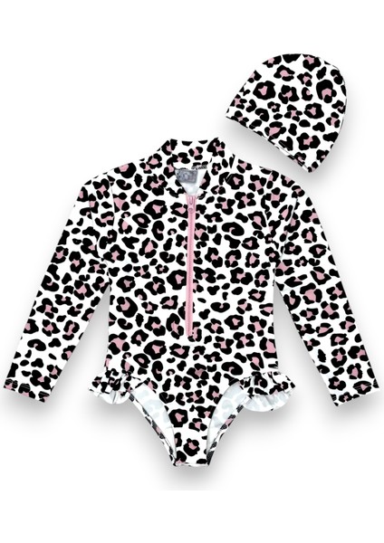 Kız Çocuk Ön Fermuar Detaylı Body Suit Uzun Kollu Güneş Koruyucu Fırfırlı Mayo + Bone