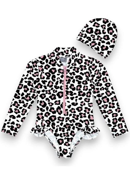 Kız Çocuk Ön Fermuar Detaylı Body Suit Uzun Kollu Güneş Koruyucu Fırfırlı Mayo + Bone fiyatları