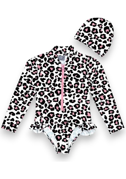 Kız Çocuk Ön Fermuar Detaylı Body Suit Uzun Kollu Güneş Koruyucu Fırfırlı Mayo + Bone modelleri