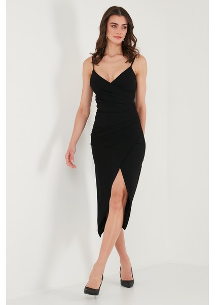 Slim Fit V Yaka Drape Detaylı Yırtmaçlı Midi Boy Elbise Bayan Elbise 6789961 modelleri