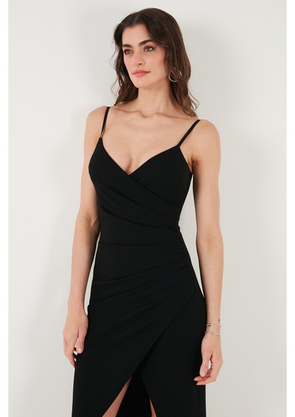 Slim Fit V Yaka Drape Detaylı Yırtmaçlı Midi Boy Elbise Bayan Elbise 6789961 fırsatları
