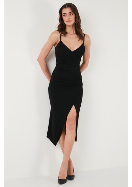 Slim Fit V Yaka Drape Detaylı Yırtmaçlı Midi Boy Elbise Bayan Elbise 6789961 indirimleri
