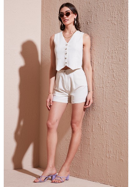 Pamuk ve Keten Karışımlı Slim Fit Yelek Şort Takım Bayan Takım 5866118