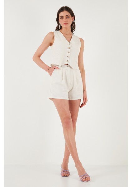 Pamuk ve Keten Karışımlı Slim Fit Yelek Şort Takım Bayan Takım 5866118
