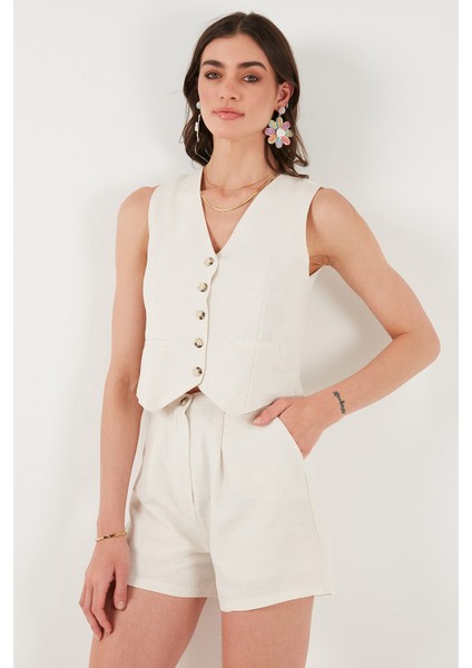 Pamuk ve Keten Karışımlı Slim Fit Yelek Şort Takım Bayan Takım 5866118