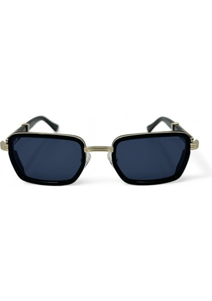 Mavi Lensli Altın Detaylı Siyah Dikdörtgen Güneş Gözlüğü