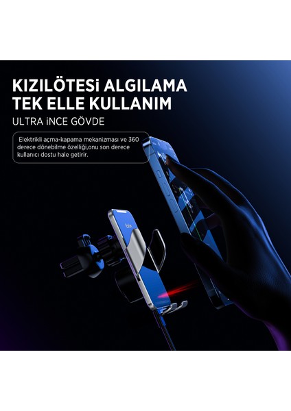 Bxch9 Magsafe 15W Kablosuz Hızlı Şarj Destekli Ultra Ince Metal Gövdeli 360 Derece Ayarlanabilen Araç Içi Telefon Tutucu Gri