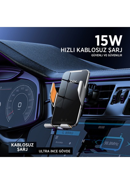 Bxch9 Magsafe 15W Kablosuz Hızlı Şarj Destekli Ultra Ince Metal Gövdeli 360 Derece Ayarlanabilen Araç Içi Telefon Tutucu Gri