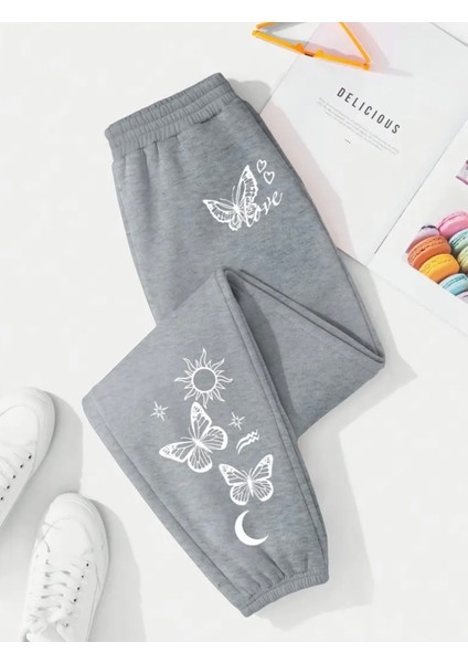 Özel Tasarım Güneş-Ay-Kelebekler Baskılı Ultra Rahat Pamuk Yazlık Jogger Kadın Eşofman Altı