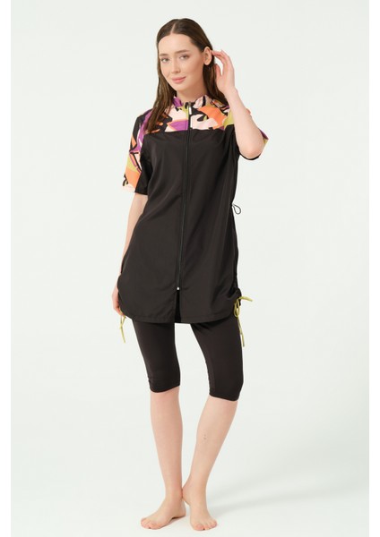 Vivora Kadın Yarım Kol Yarı Kapalı Mayo Su İtici Dokuma Kumaş 4 Parça Set