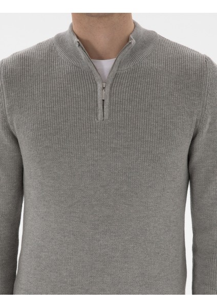 Erkek Gri Melanj Slim Fit Fermuarlı Dik Yaka Kazak 50297123-VR159