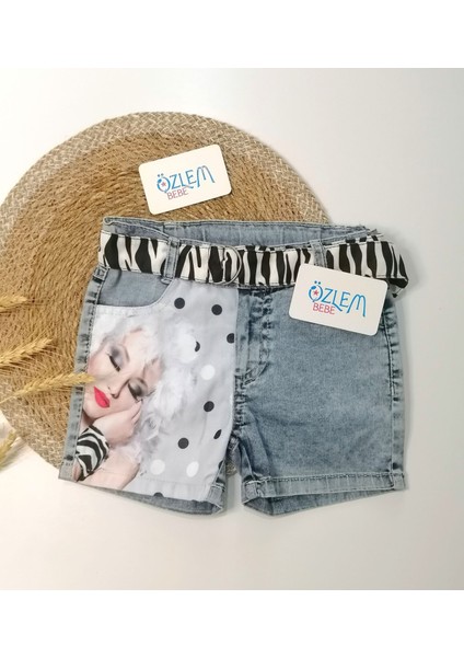 Resimli Denim Kız Şortu 5 Yaş