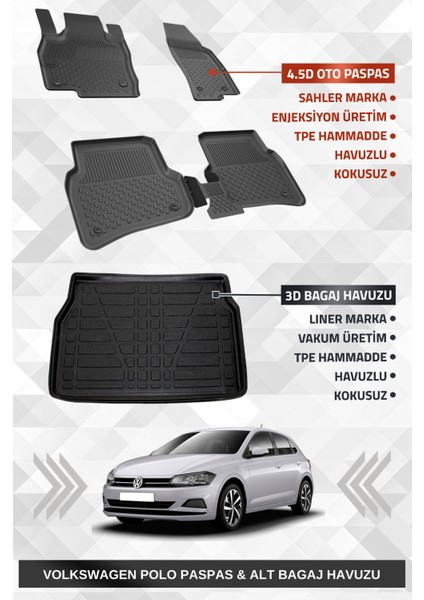 Vw Polo 2017-2025 Uyumlu 4.5d Premium Havuzlu Oto Paspas ve Liner Marka 3D ALT Bagaj Havuzu