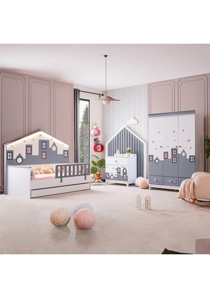 City Montessori Çocuk Odası Takımı - Dolap, Yavrulu Karyola, Şifonyer - Gri