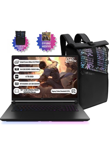 Rog Strix Scar 18 G835LX-SA156 Intel Core Ultra 9 275HX Npu 13 Tops 64GB 2tb+2tb SSD RTX5090-24GB Freedos 18" 2.5k 240Hz Wqxga Taşınabilir Bilgisayar