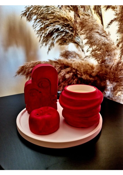 Mat Kırmızı Renk 4'lü Set (16 cm Sunum Tepsisi + Tütsülük + Mum + Yüz Şeklinde Dekor) 2 Tütsü Hediye fırsatları