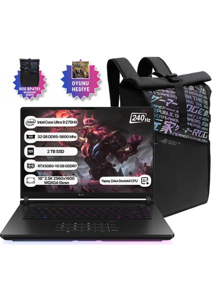 Rog Strix Scar 16 G635LW-RW141 Intel Core Ultra 9 275HX Npu 13 Tops 32GB 2tb SSD RTX5080-16GB Freedos 16" 2.5k 240 Hz Wqxga Taşınabilir Bilgisayar Taşınabilir Bilgisayar