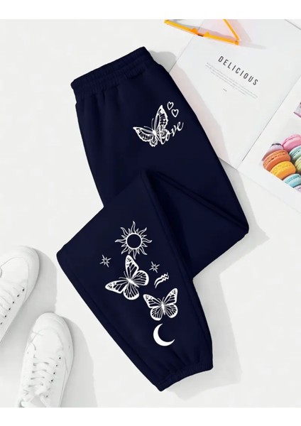 Özel Tasarım Güneş-Ay-Kelebekler Baskılı Ultra Rahat Pamuk Yazlık Jogger Kadın Eşofman Altı