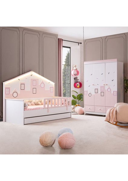 City Montessori Çocuk Odası Takımı - 3 Kapaklı Dolap, Yavrulu Yatak - Pembe