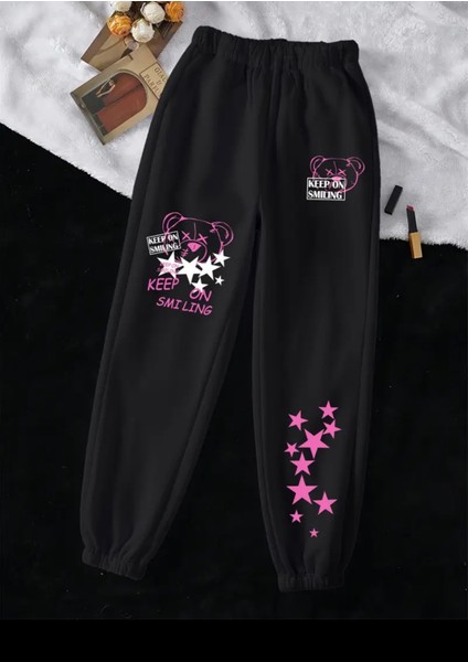 Özel Tasarım Pink Stars Karma Bacak Baskılı Sokak Modası Yazlık Kadın Eşofman Altı