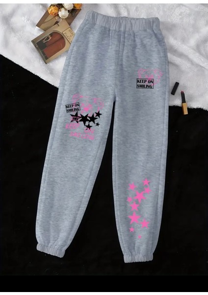 Özel Tasarım Pink Stars Karma Bacak Baskılı Sokak Modası Yazlık Kadın Eşofman Altı