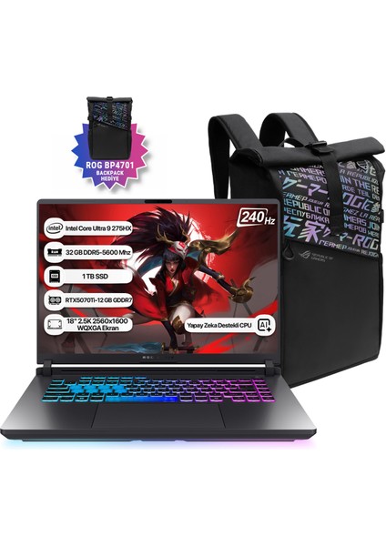 Rog Strix G18 G815LR-S9155 Intel Core Ultra 9 275HX Npu 13 Tops 32GB 1tb SSD RTX5070TI-12GB Freedos 18" 2.5k 240Hz Wqxga Taşınabilir Bilgisayar