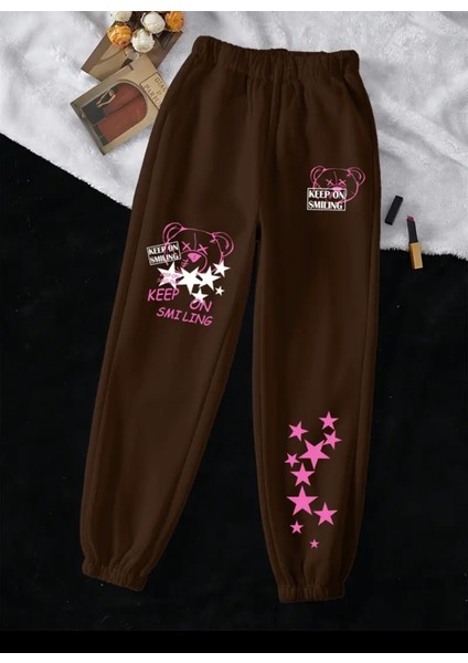 Özel Tasarım Pink Stars Karma Bacak Baskılı Sokak Modası Yazlık Kadın Eşofman Altı