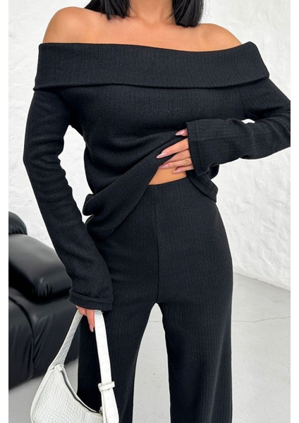 Kadın Siyah Selanik Kumaş Madonna Yaka Alt Üst Pantolon Takım