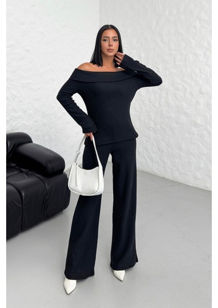 Kadın Siyah Selanik Kumaş Madonna Yaka Alt Üst Pantolon Takım modelleri