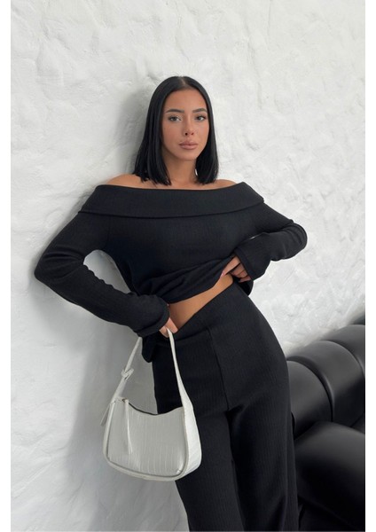 Kadın Siyah Selanik Kumaş Madonna Yaka Alt Üst Pantolon Takım fırsatları