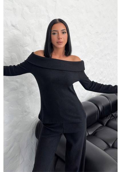 Kadın Siyah Selanik Kumaş Madonna Yaka Alt Üst Pantolon Takım indirimleri