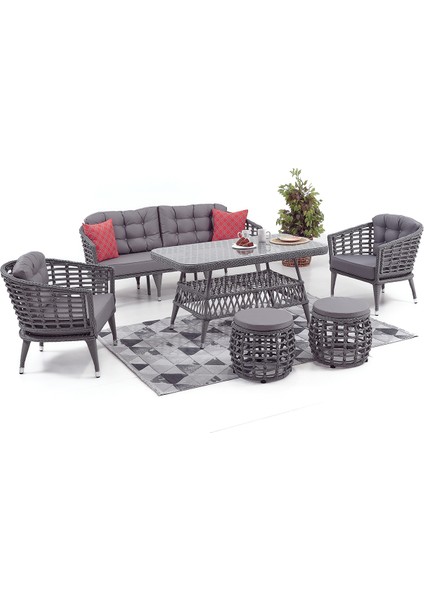 Linda Rattan Bahçe Balkon Oturma Grubu (3 +1+1+Masa+2 Puf) Gri