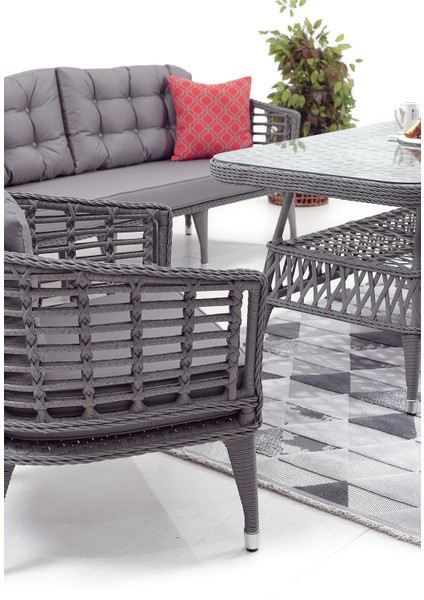 Linda Rattan Bahçe Balkon Oturma Grubu (3 +1+1+Masa+2 Puf) Gri