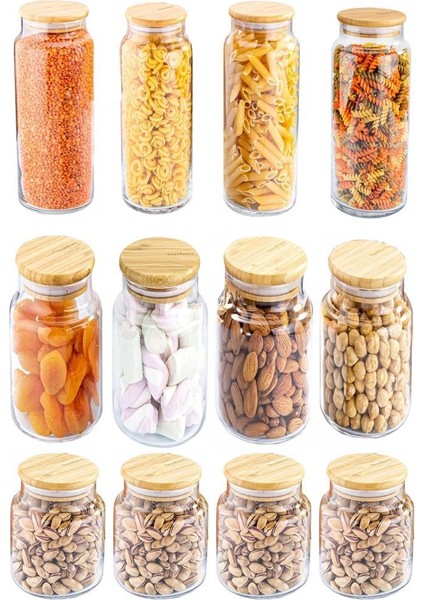 Zone - 12'li Cam Saklama Kabı 600 ML-800 ML-1300 ML Vakumlu Bambu Kapaklı