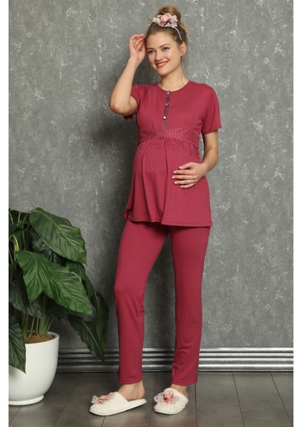 Hamile Pijama Takımı Dantel Detaylı Önü Düğmeli 5 Renk 2'li Alt Üst Emzirme Için Uygun