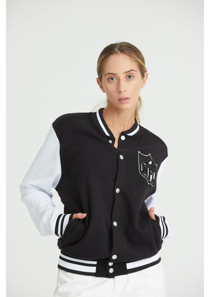 Siyah Beyaz Rahat Kalıp Uzun Kollu Unisex Kolej Ceket Hırka