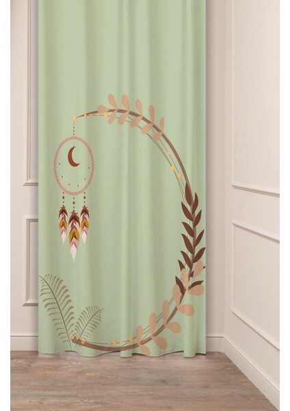 Çiçek Ay Halka Yaprak Yeşil Bohem Deseneli Özel Tasarım Dijital Baskılı (Tek Kanat) Modern Fon Perde