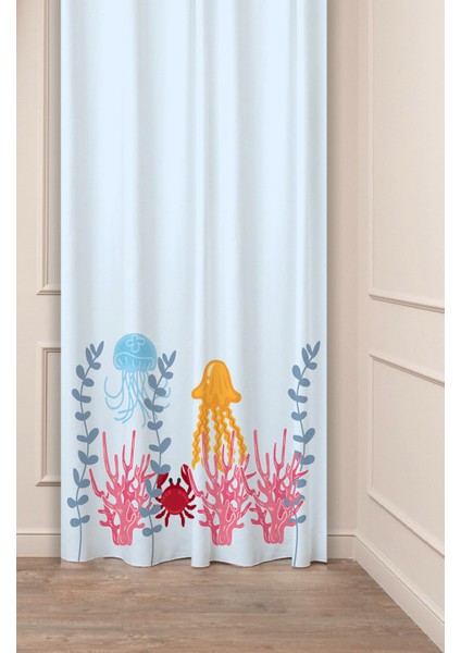 Okyanus Su Ahtapot Yengeç Deniz Bohem Deseneli Özel Tasarım Dijital Baskılı (Tek Kanat) Fon Perde