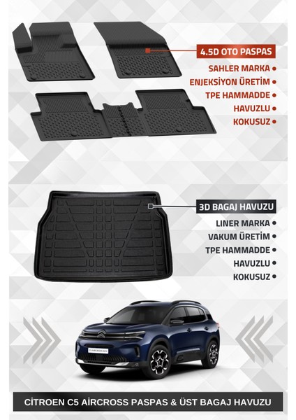 C5 Aircross 2019+ Uyumlu 4.5d Premium Havuzlu Oto Paspas ve Liner Marka 3D Üst Bagaj Havuzu