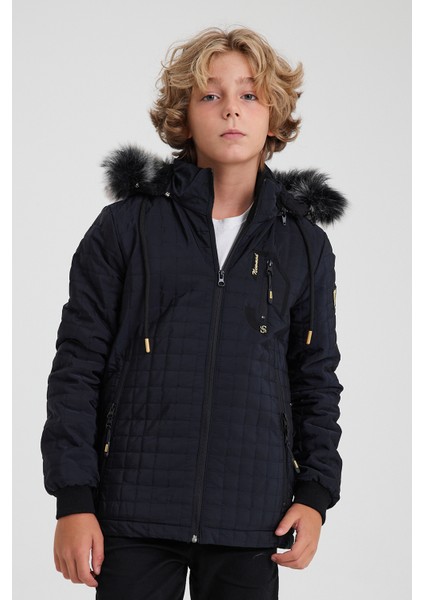 Lacivert Erkek Çocuk Su ve Rüzgar Geçirmez Çıkartılabilir Kapüşonlu Kadife Mont & Kaban fiyatları