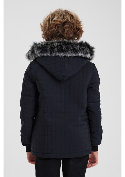 Lacivert Erkek Çocuk Su ve Rüzgar Geçirmez Çıkartılabilir Kapüşonlu Kadife Mont & Kaban