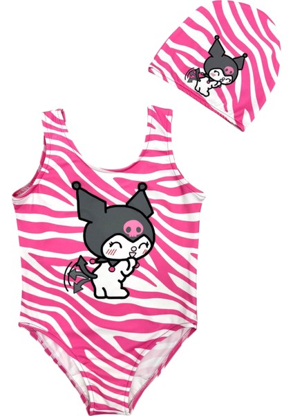 Yeni Sezon Karakter Desenli Kız Çocuk Mayosu Kedi Desen Pembe Beyaz Renkli