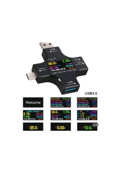 USB Dijital Volt-Ampermetre Gerilim Akım Ölçer USB 3.0 Tip-C Voltmetre