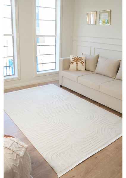 Vola 2906 Yumuşak Dokulu Modern Salon Mutfak Koridor Halısı Krem Tozumaz Makine Halısı 80x150