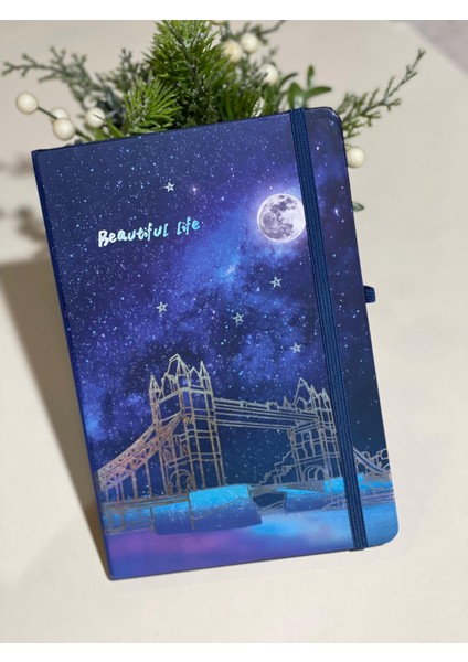 Londra Hologramlı Gökyüzü Köprü Desenli Sert Kapak Lastikli Çizgili Defter 14*20 80 Yprk