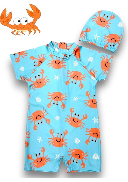 Çocuk Kısa Kol Hassas Ten Güneş Koruma Sevimli Yengeç Karakter Tema Mayo Bone Takım
