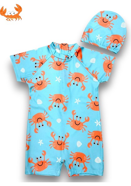 Çocuk Kısa Kol Hassas Ten Güneş Koruma Sevimli Yengeç Karakter Tema Mayo Bone Takım modelleri