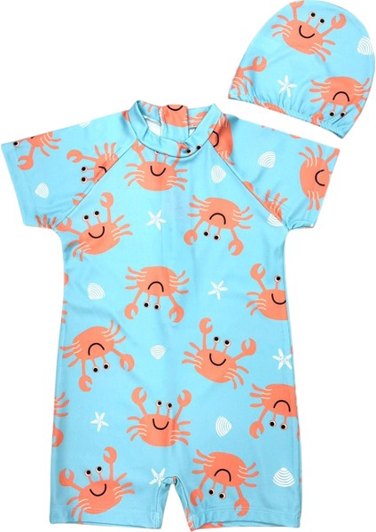 Çocuk Kısa Kol Hassas Ten Güneş Koruma Sevimli Yengeç Karakter Tema Mayo Bone Takım fırsatları